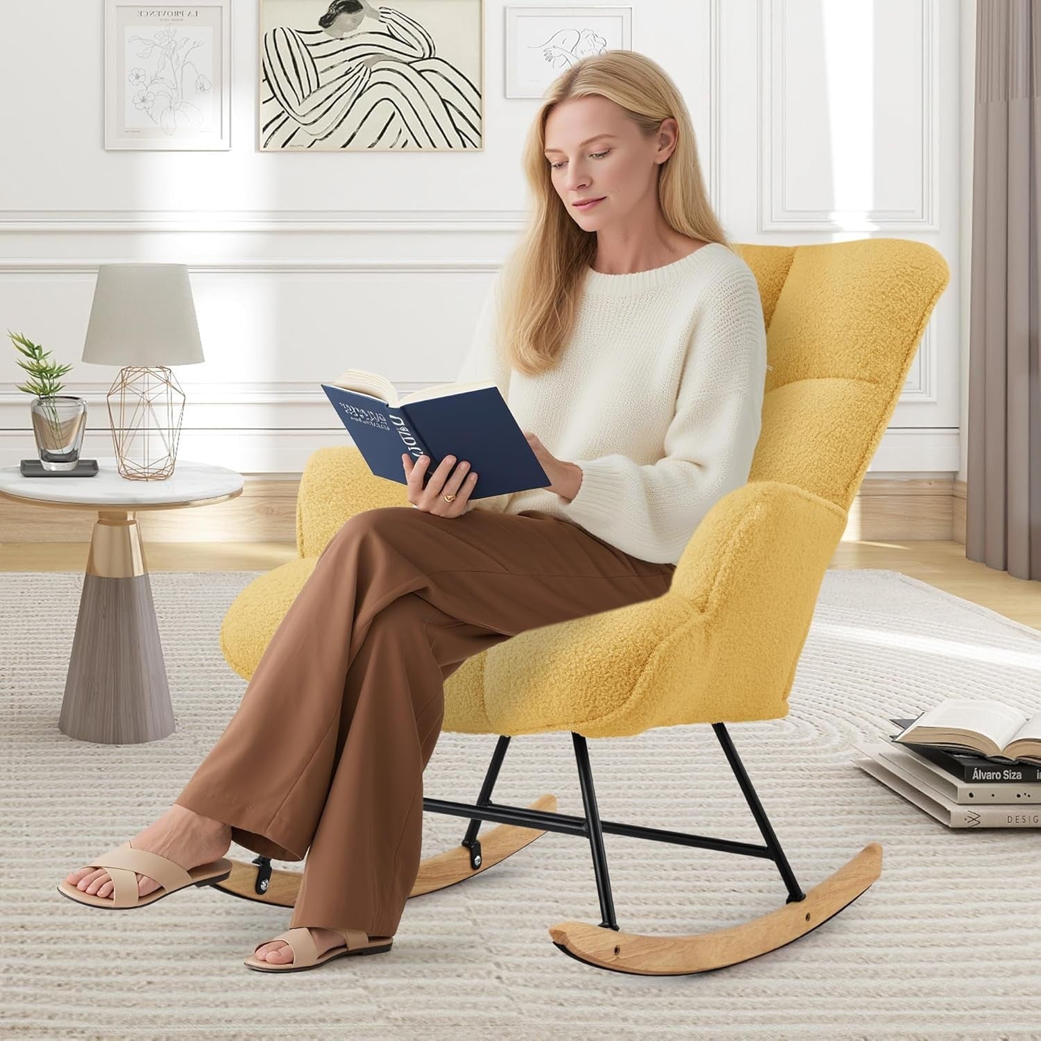 Teddy Rocking Chair Nursery Glider Armchair Adults Kids Room Yellow