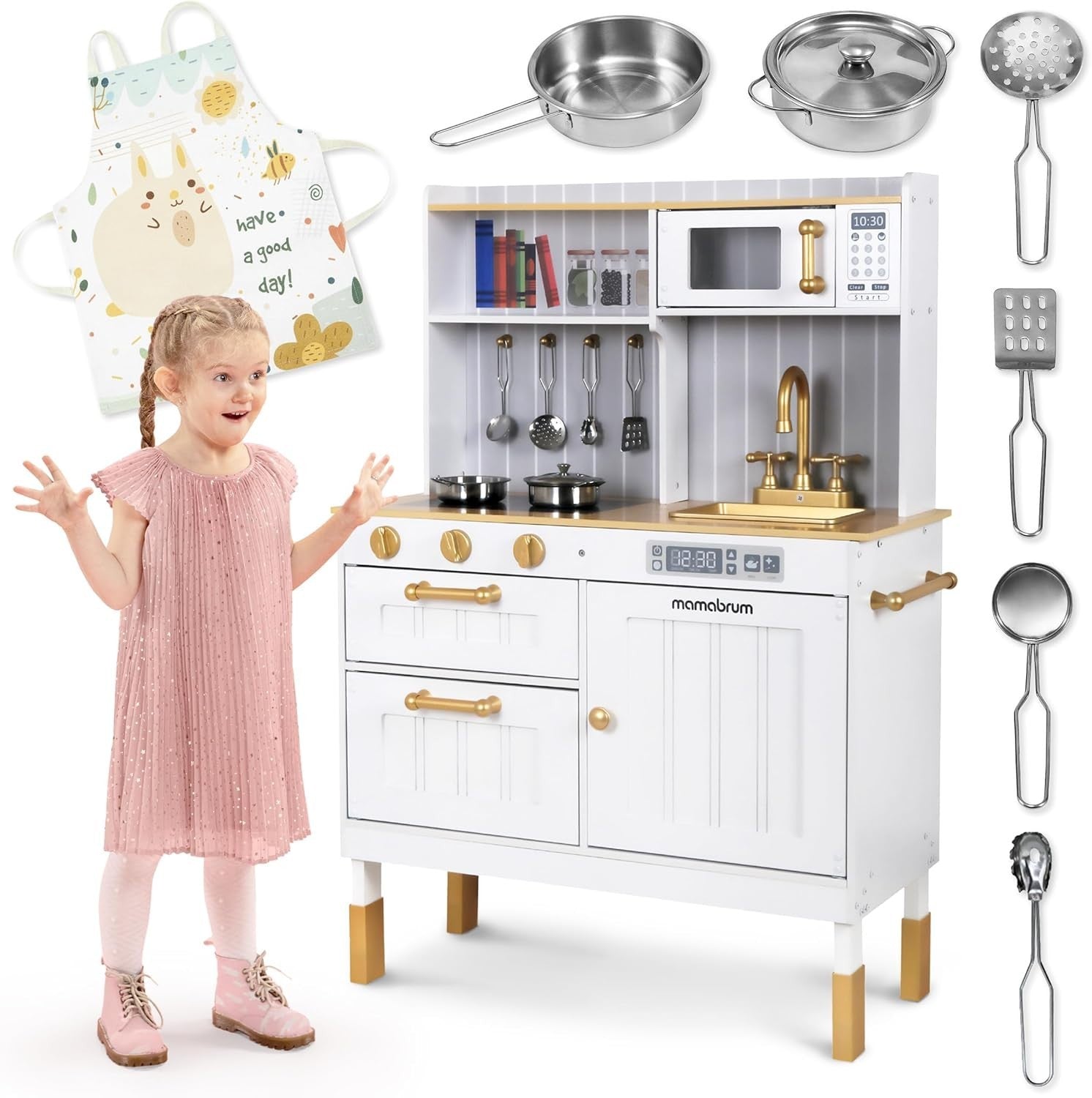 Wooden Kids Play Kitchen White Cooking Set Accessories Apron Toy