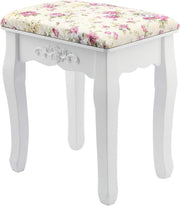 Rose Baroque Vanity Stool with Curved Wood Legs – Elegant Makeup Chair