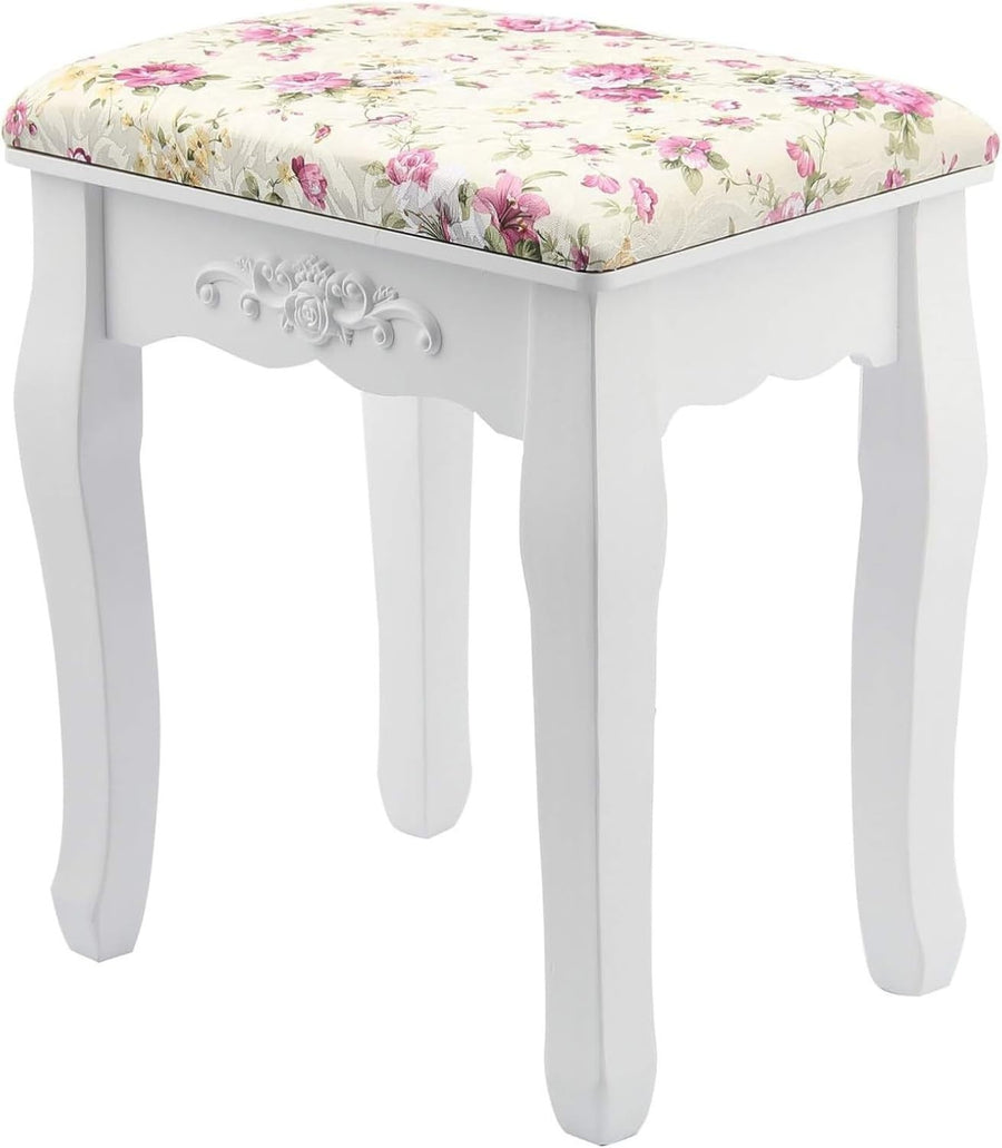 Rose Baroque Vanity Stool with Curved Wood Legs – Elegant Makeup Chair