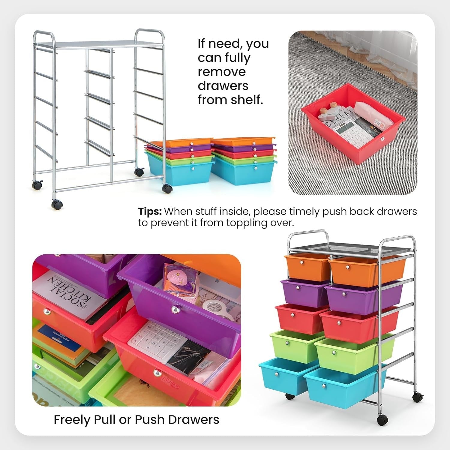 10 Drawer Rolling Storage Cart Utility Organizer Trolley Lockable Wheels