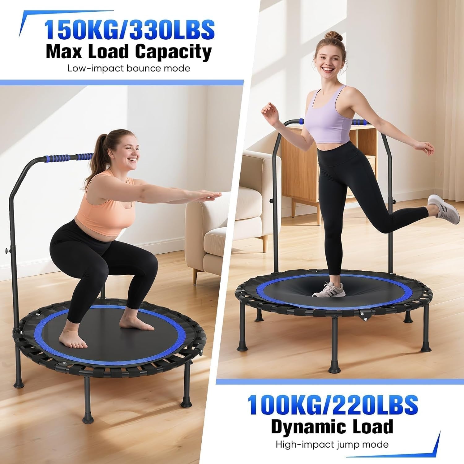 Foldable Exercise Trampoline w Handle Quiet Rebounder 150kg Space Saving