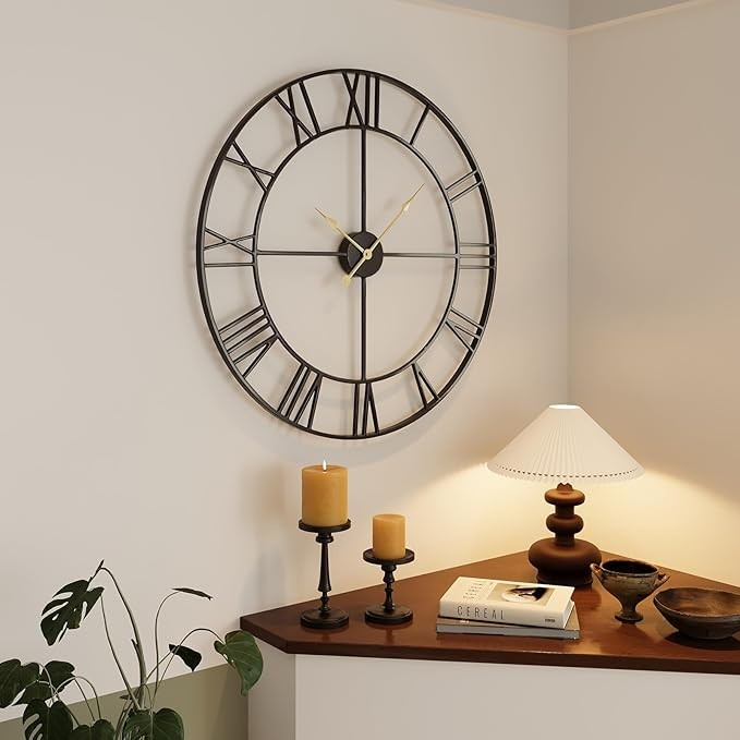 30" Large Silent Metal Wall Clock Modern Black Roman Numeral Home Decor