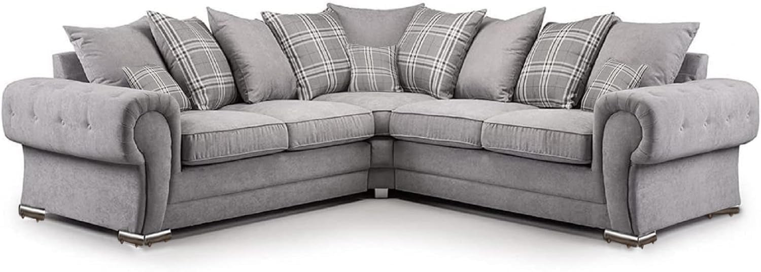 Grey L-Shaped 5-Seater Fabric Corner Sofa with Cushions & Chesterfield Style