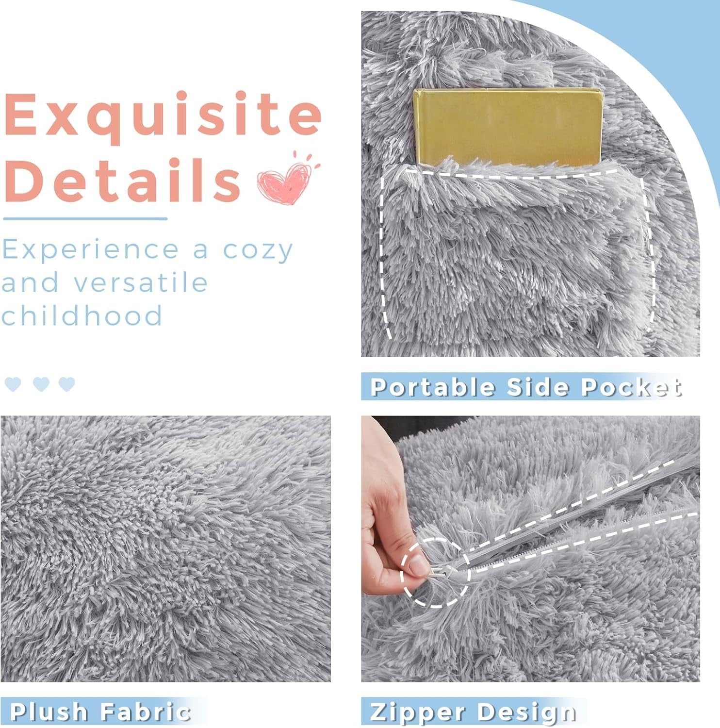 Grey Plush Kids Bean Bag Chair Bed Sofa Lounger Faux Fur Washable Foldable