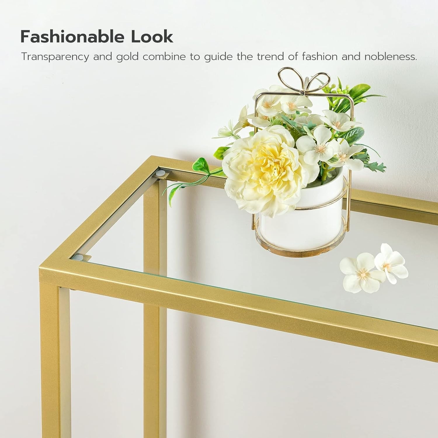Tempered Glass Console Table Slim Gold Frame for Entryway & Living Room