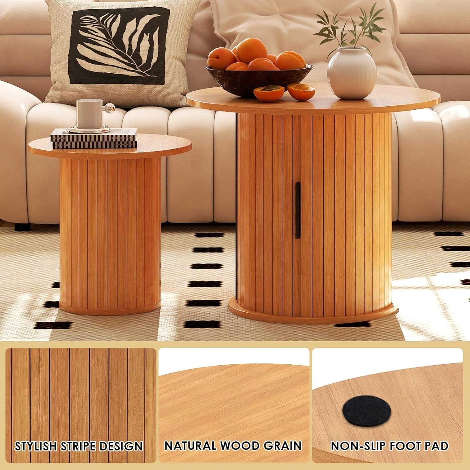 2pcs Round Nesting Coffee Table Set Wood Hidden Storage Side End Living Room