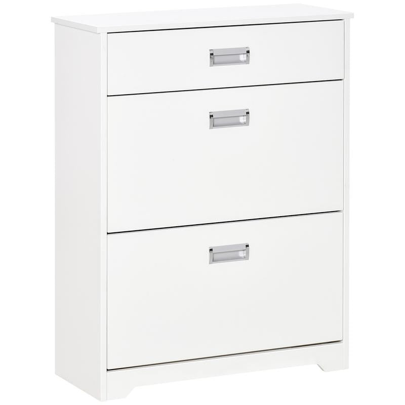 White Shoe Cabinet Bench with Drawers & Flip Doors – Slim Entryway Unit