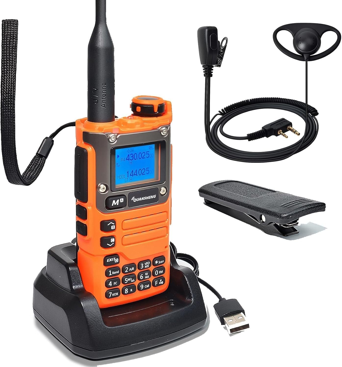 Dual Band Walkie Talkie VHF UHF NOAA Long Range Orange D Shape Earpiece