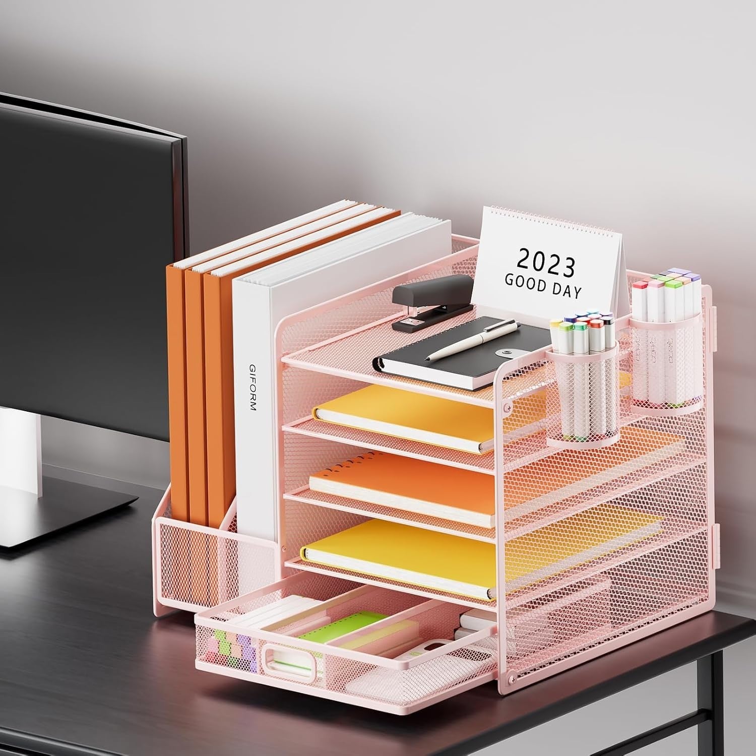 5 Tier Desk Organiser File Holder Paper Tray Drawer Pen Storage Pink
