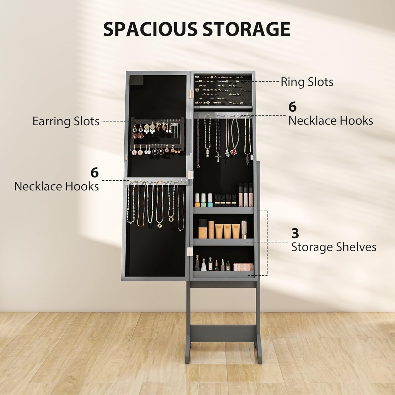 Freestanding Jewelry Cabinet Mirror Lockable LED Light Storage Organizer Gray