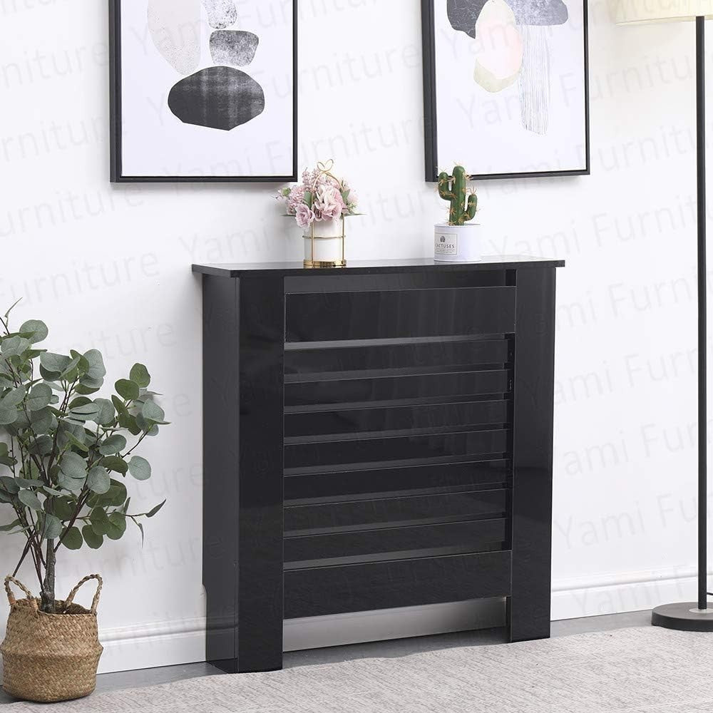 Small Black Radiator Cover High Gloss MDF Modern Horizontal Slat Design