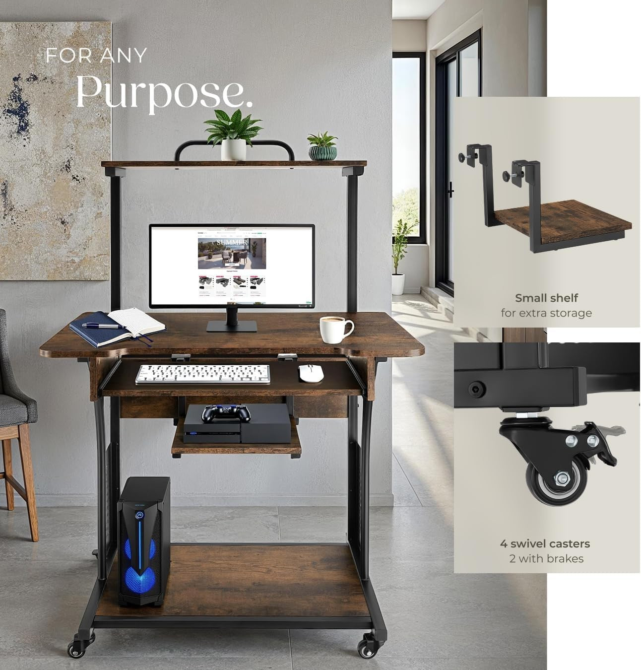 Dark Wood Mobile Computer Desk with 4 Tiers & Wheels for Home Office