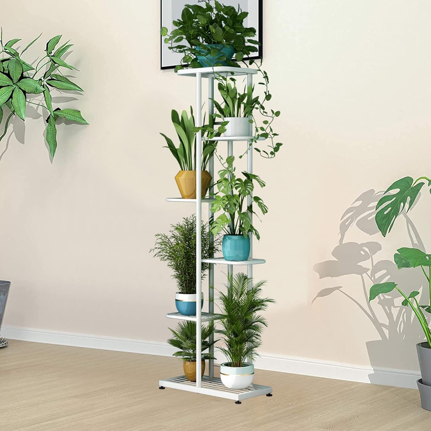 6 Tier 7 Pot White Metal Plant Stand Indoor Outdoor Multi Plant Display Rack
