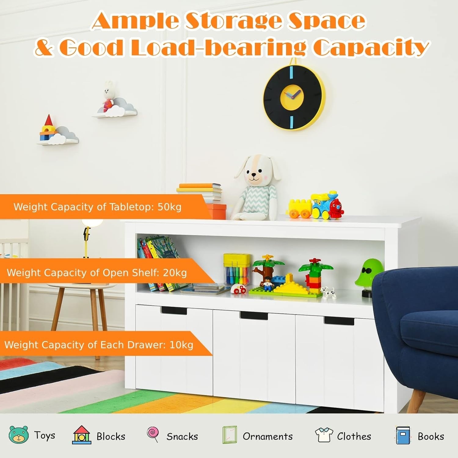 Kids Toy Storage Cabinet with Drawers & Shelf, Durable Wood, 102x33x62cm