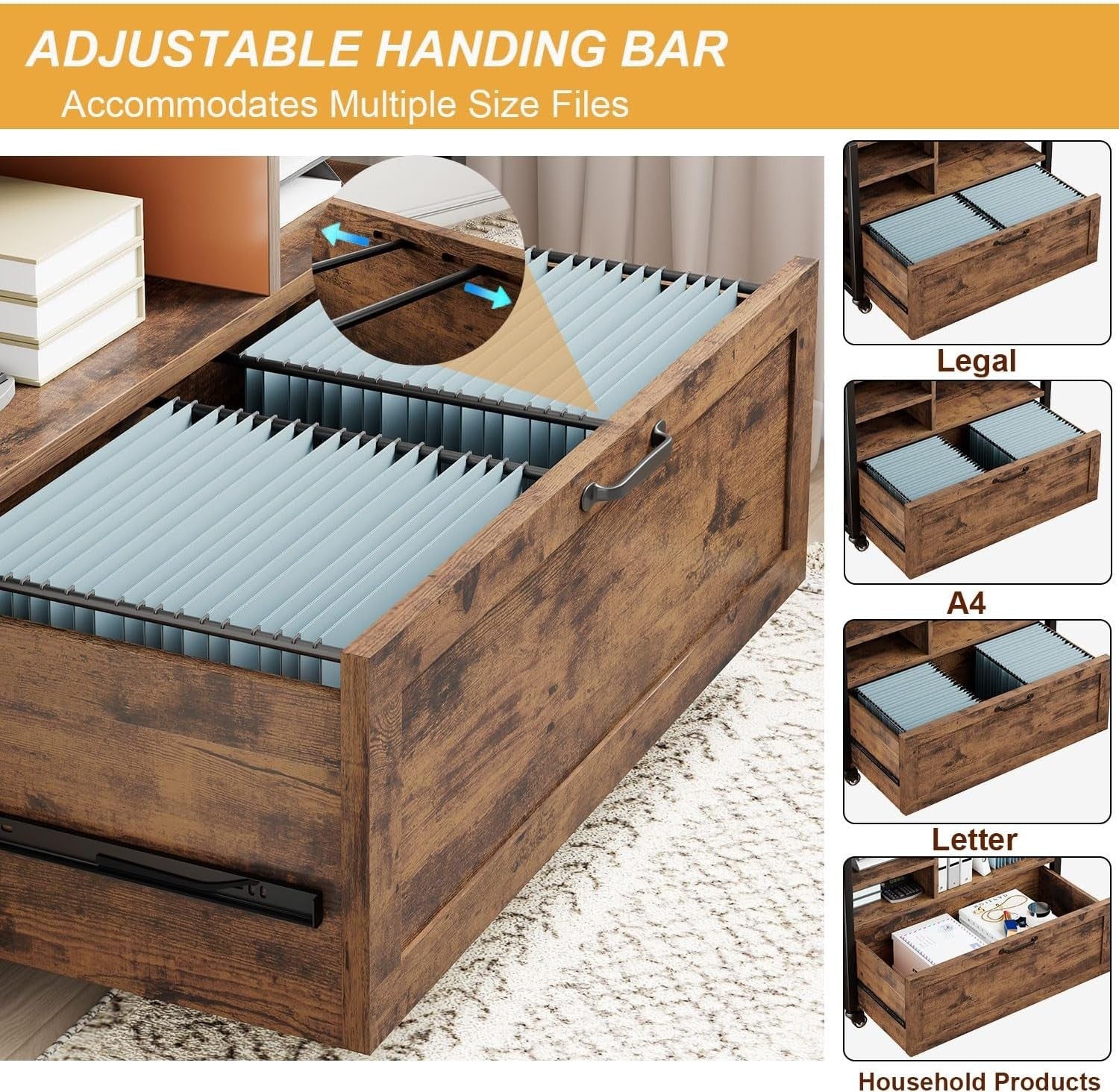 Rustic Brown Rolling Lateral File Cabinet Printer Stand Legal Letter