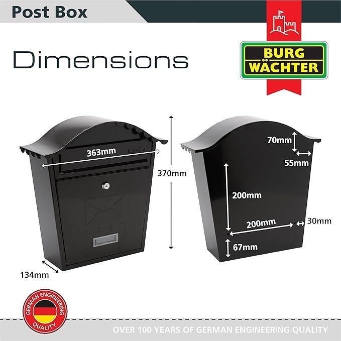 Secure Wall Mounted Lockable Post Box Weatherproof Steel Mailbox Black 36x37x13