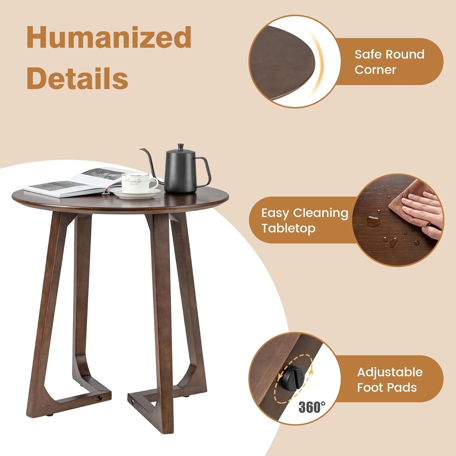 Modern Round Side Table Solid Wood 60x60x61cm Slim Accent Coffee Nightstand
