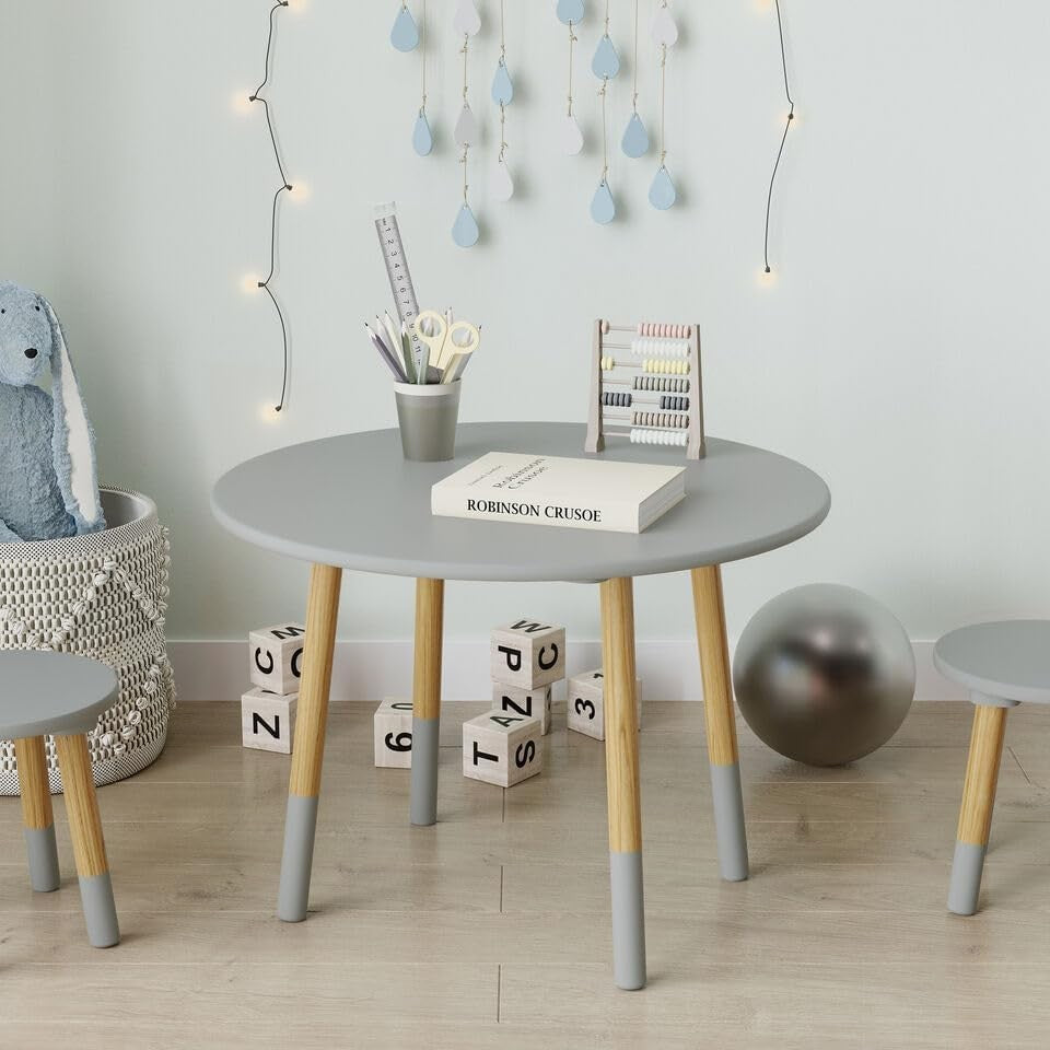 Kids Wooden Round Table & 4 Chair Set Grey, Sturdy Toddler Activity Furniture