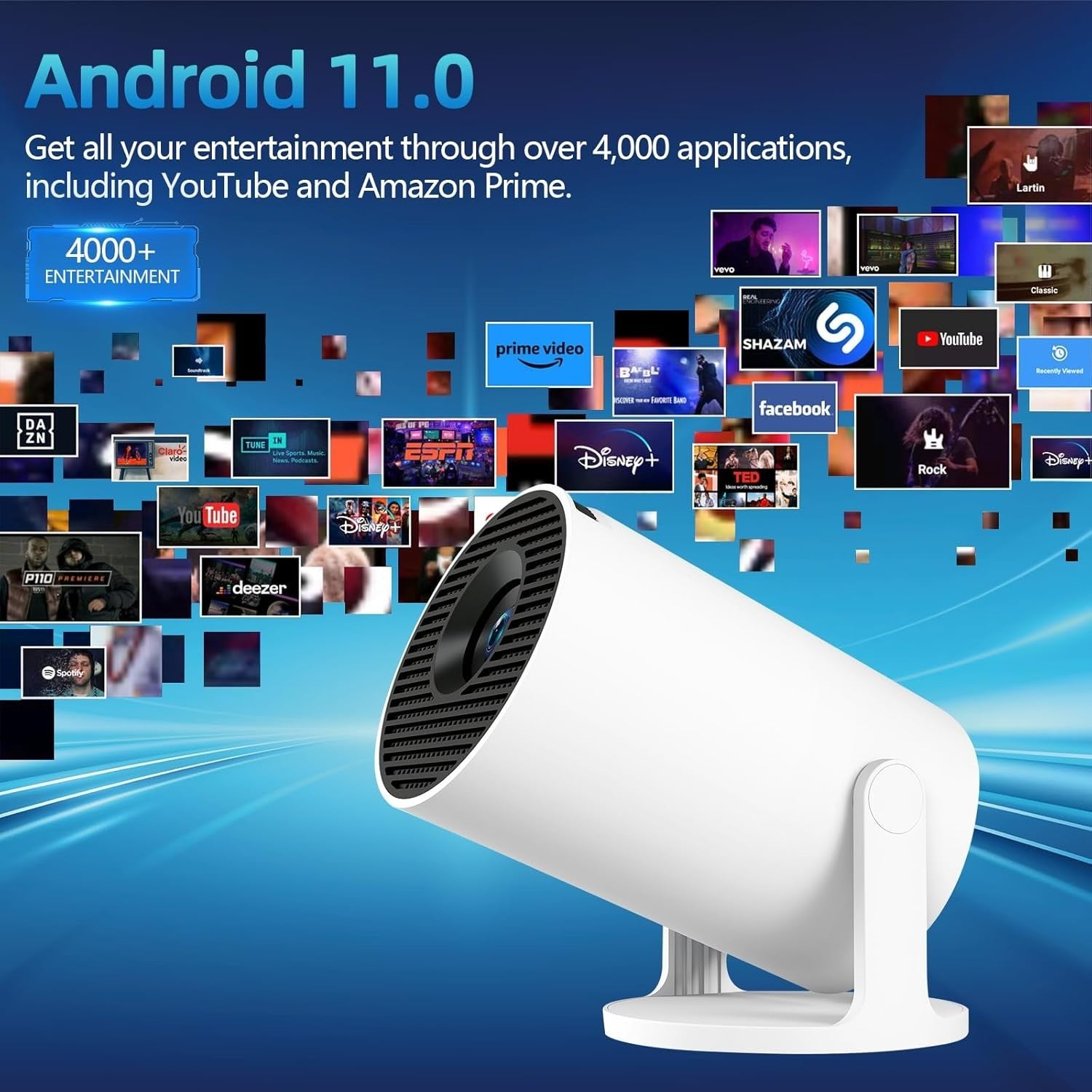 1080P Smart Mini Projector WiFi 6 Bluetooth 180° Auto Keystone 4K