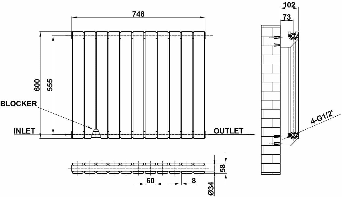 Double Anthracite Flat Panel Radiator 600x748mm Modern Home Heating