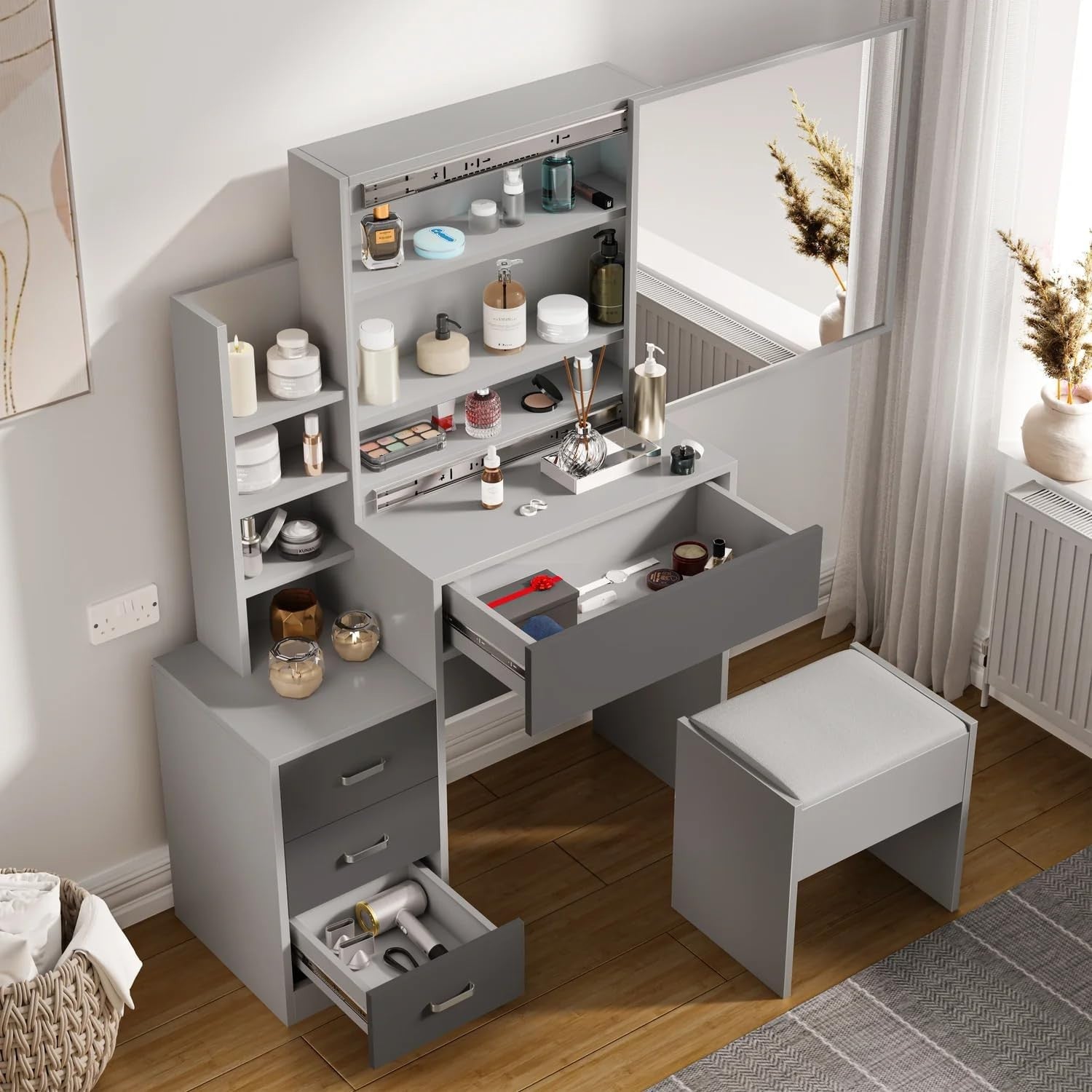 Modern Vanity Table with Sliding Mirror Storage 4 Drawers Dresser Dark Grey