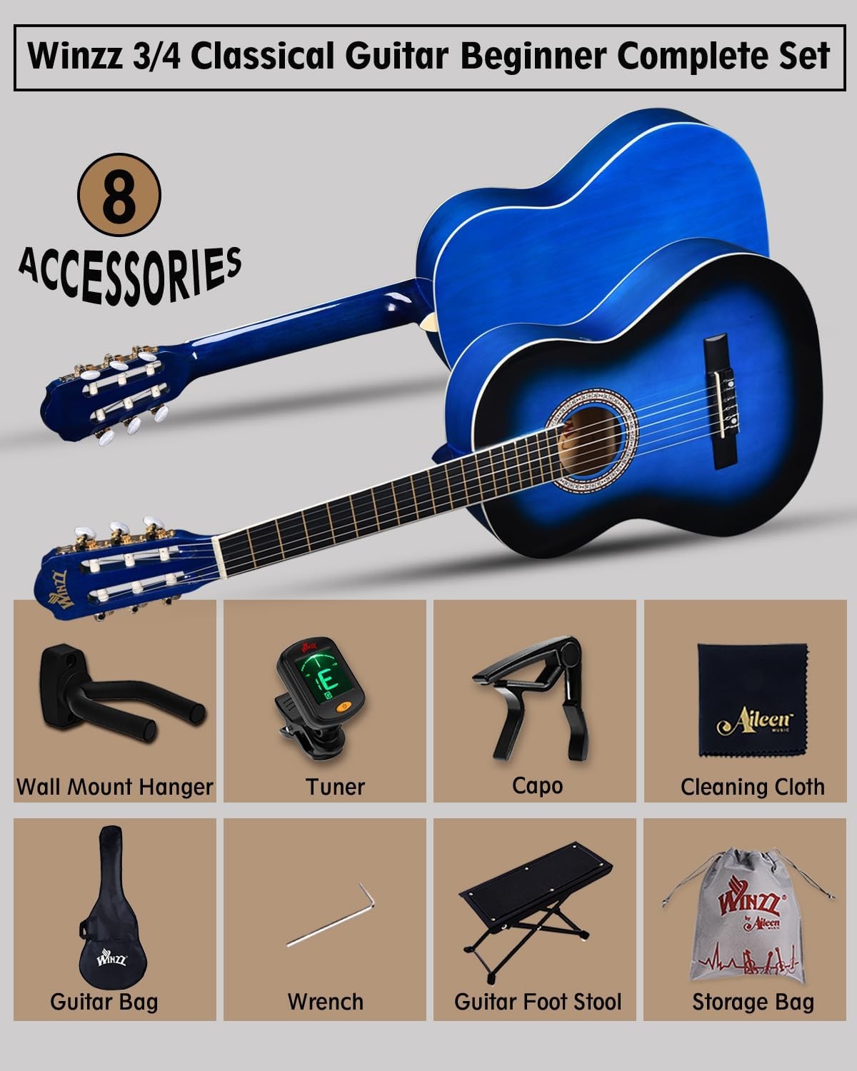 36in 3/4 Classical Guitar Kids Beginner Nylon String Blue