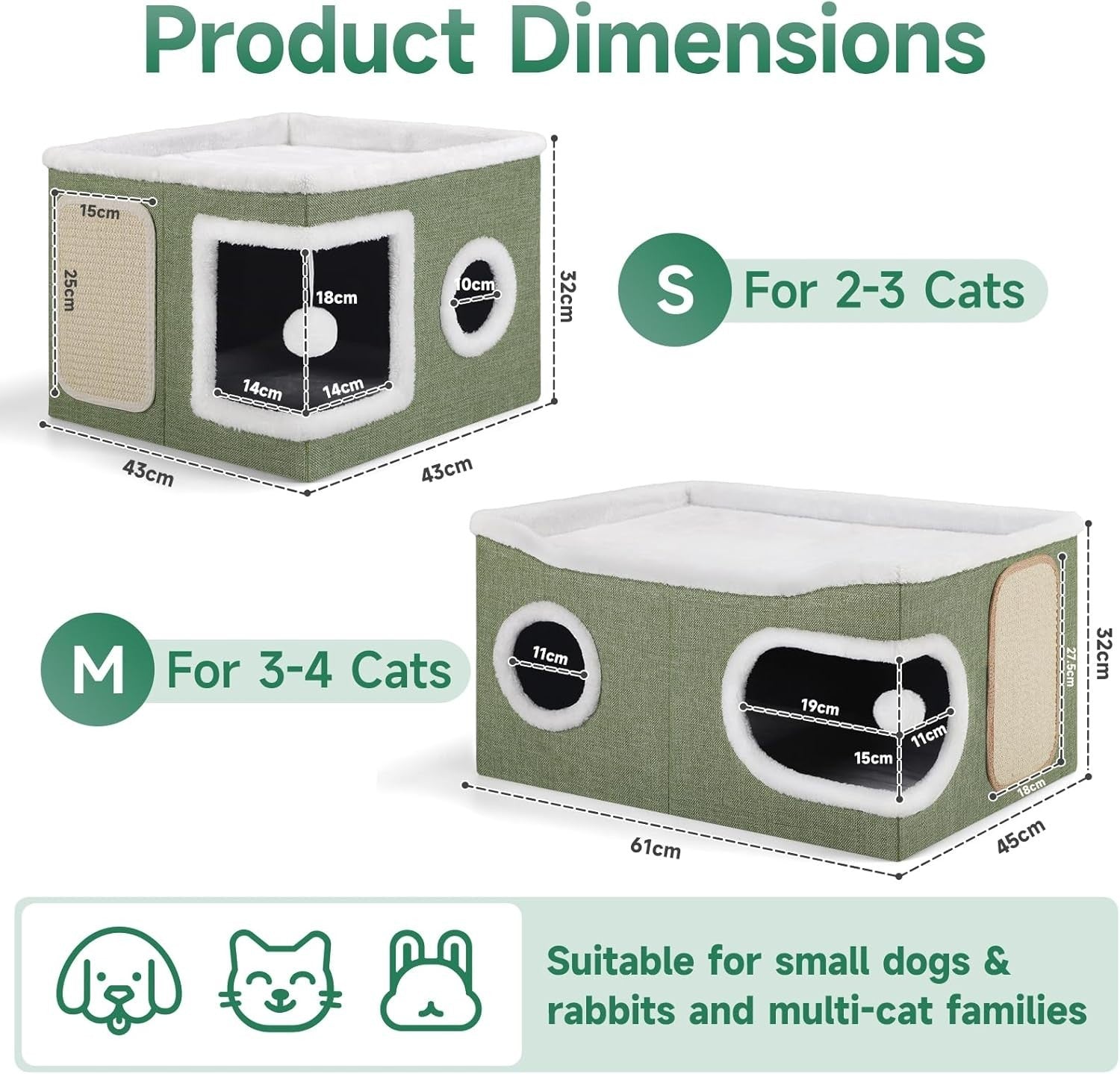 Extra Wide 2 Layer Cat Cube House Foldable Cave w Scratch Board Green