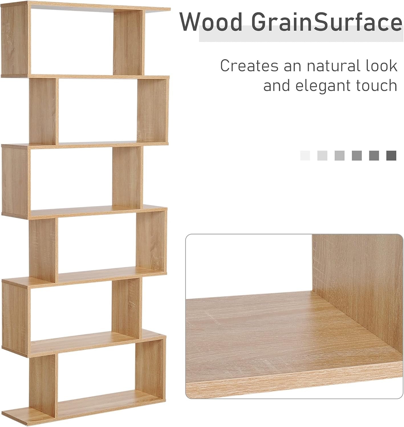 Oak S-Shape 6-Tier Bookcase Modern Display Shelf Room Divider Storage Unit