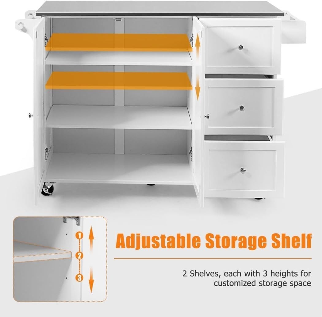 Rolling Kitchen Island Cart with Stainless Steel Top, Storage Drawers & Towel Ra