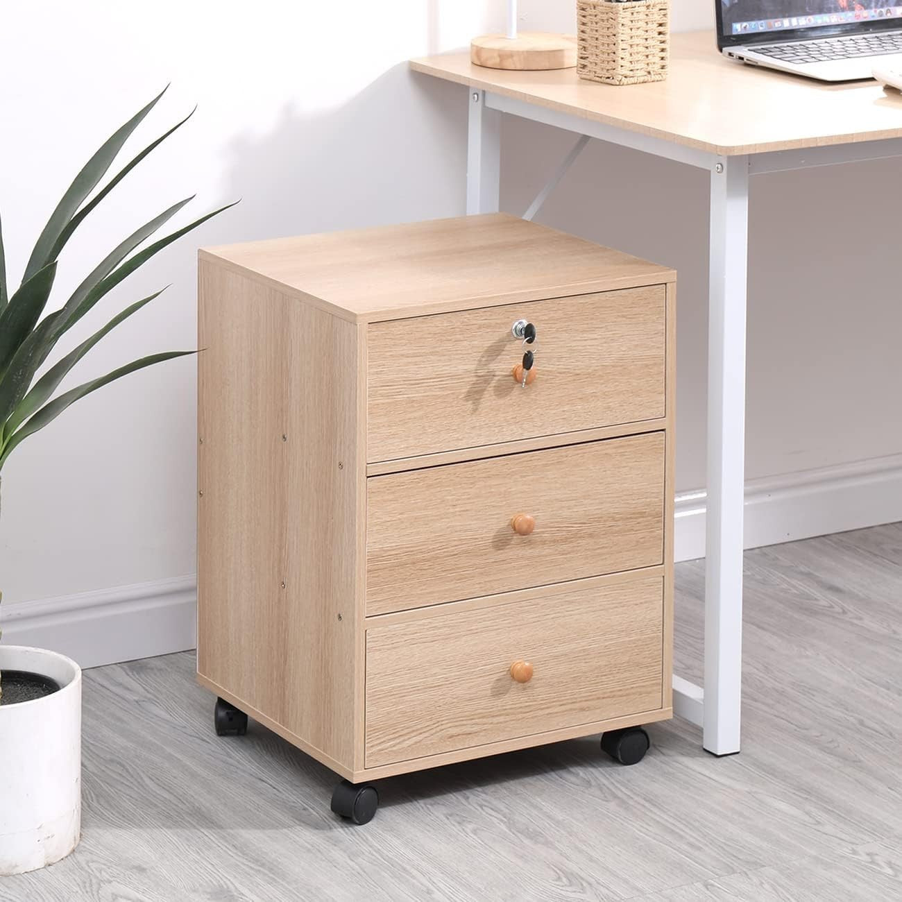Maple Rolling 3 Drawer File Cabinet Top Lock Under Desk Storage