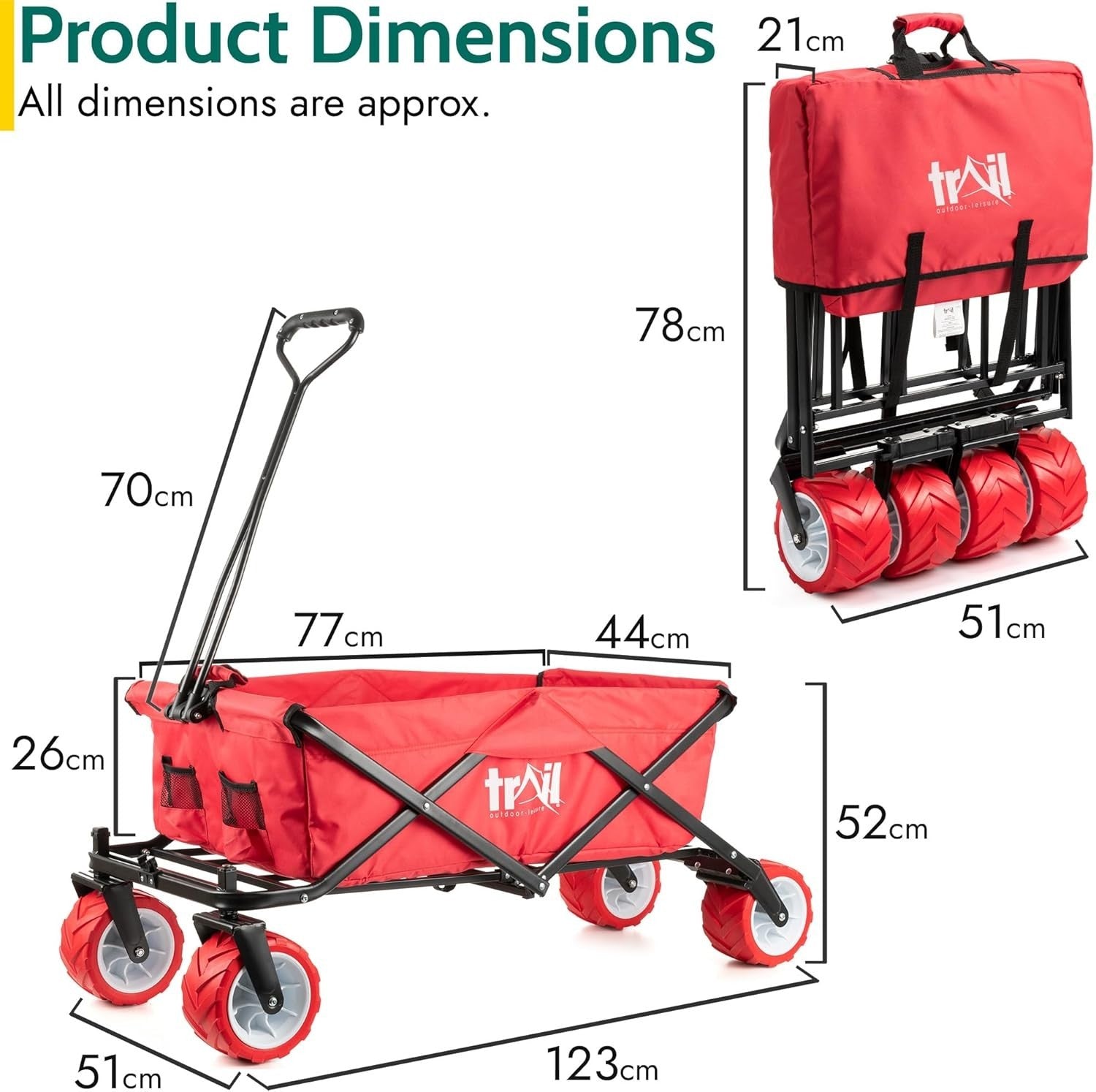 Folding Beach Camping Trolley Wagon 60kg Cart All Terrain Wheels Red Adjustable