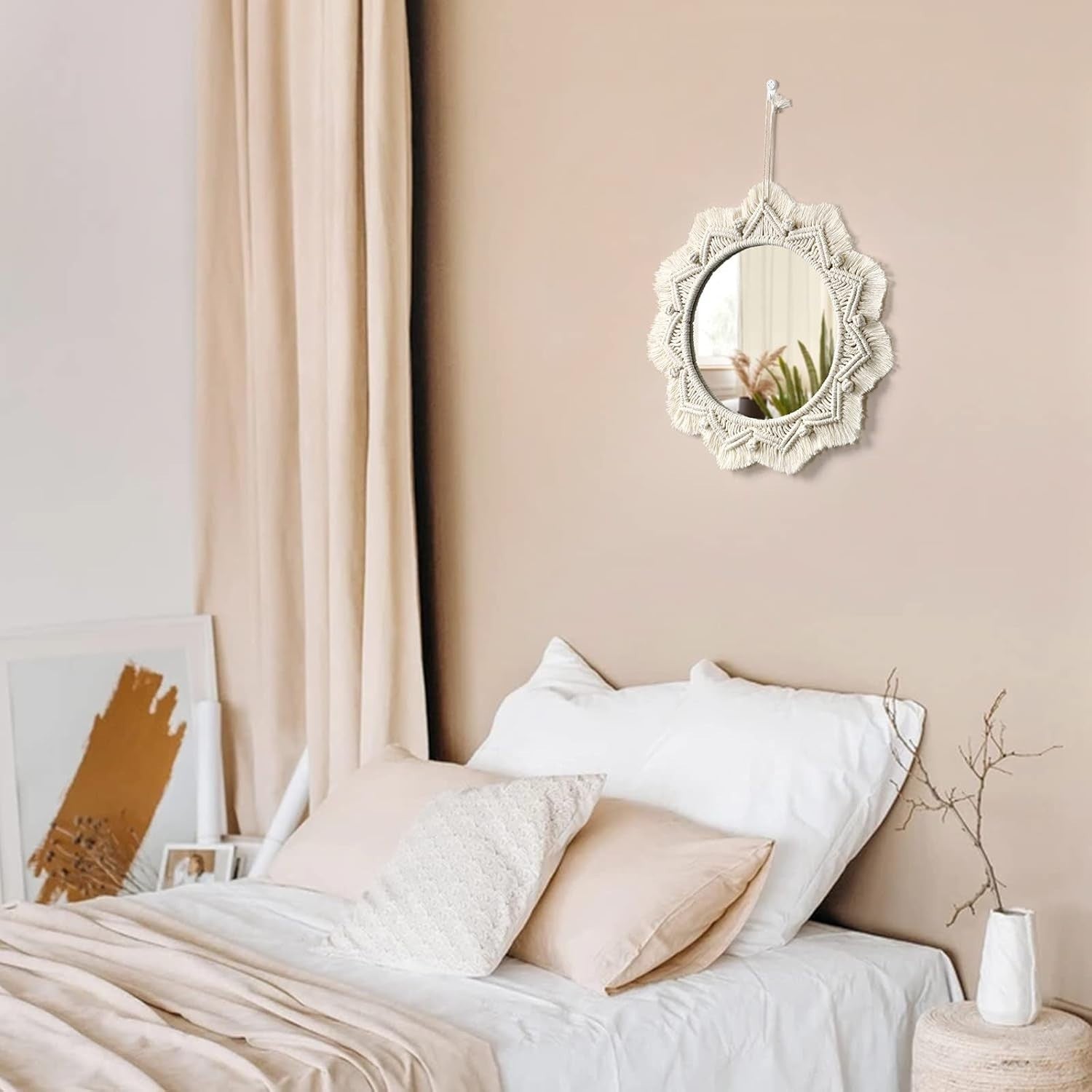 Beige Boho Macrame Wall Mirror 15" Round Decorative Art
