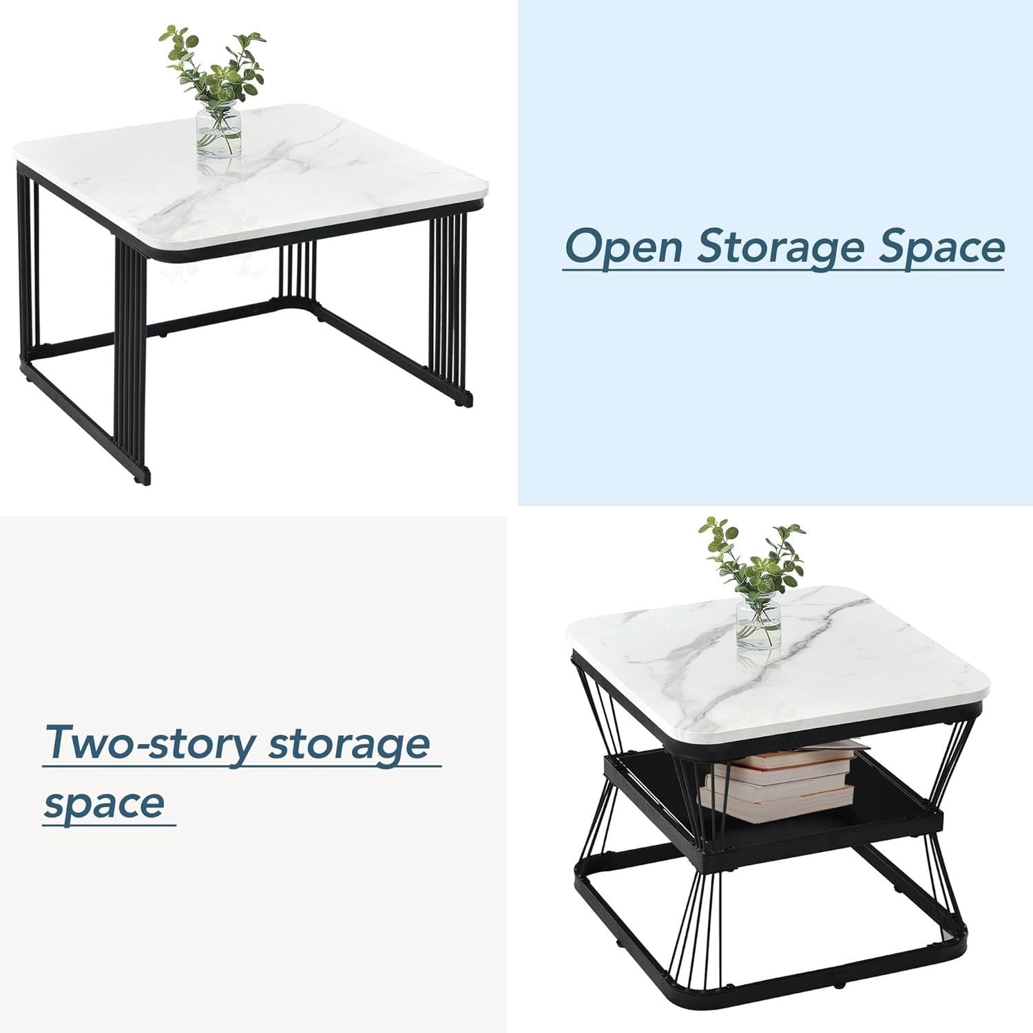Nesting Coffee Table Set of 2 Square Modern End Side Tables Wood Top Metal Frame