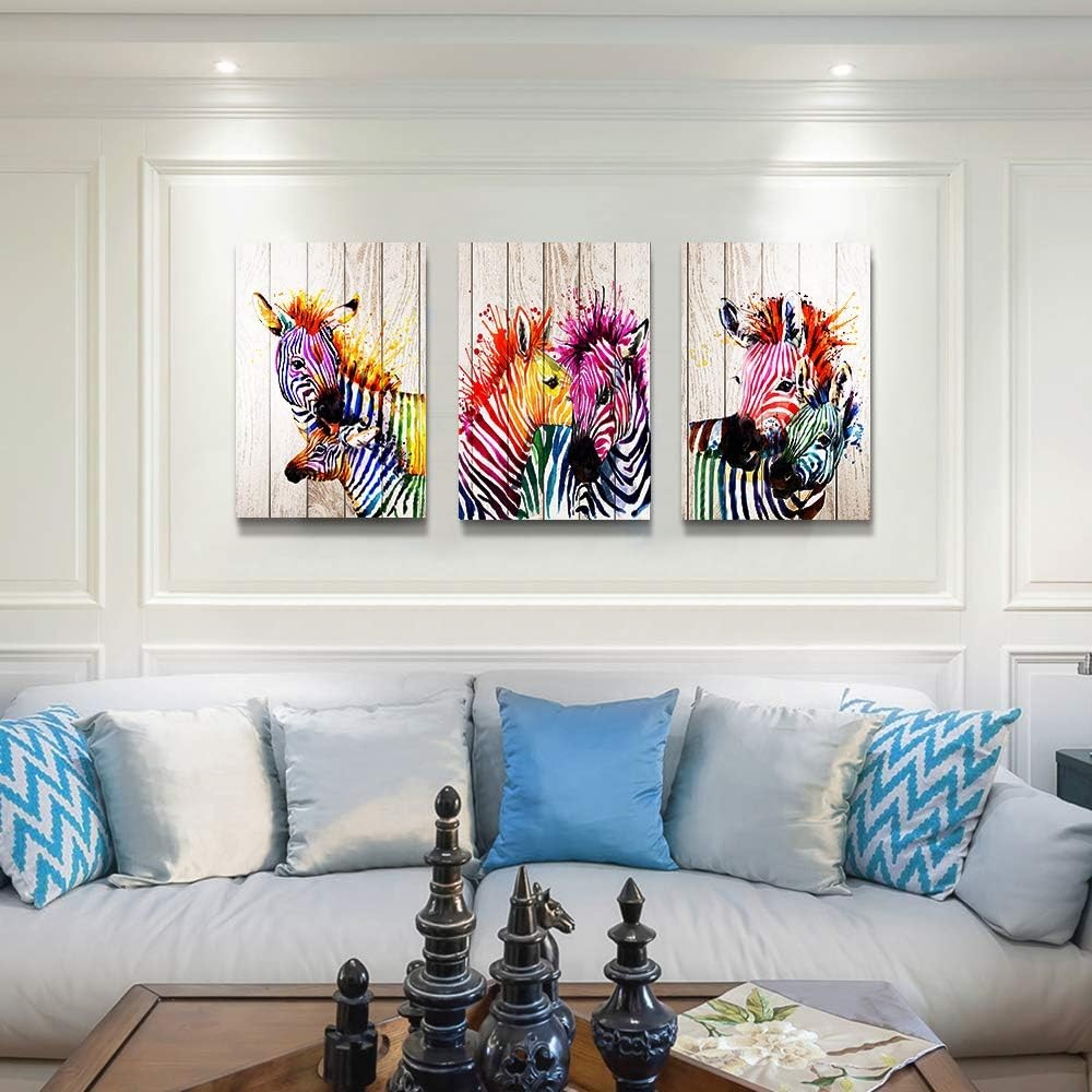 3Pcs Colorful Zebra Watercolor Canvas – Modern Animal Wall Art 12x16in