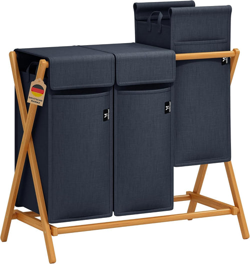 3 Compartment Bamboo Laundry Hamper 150L Foldable Sorting Basket Grey