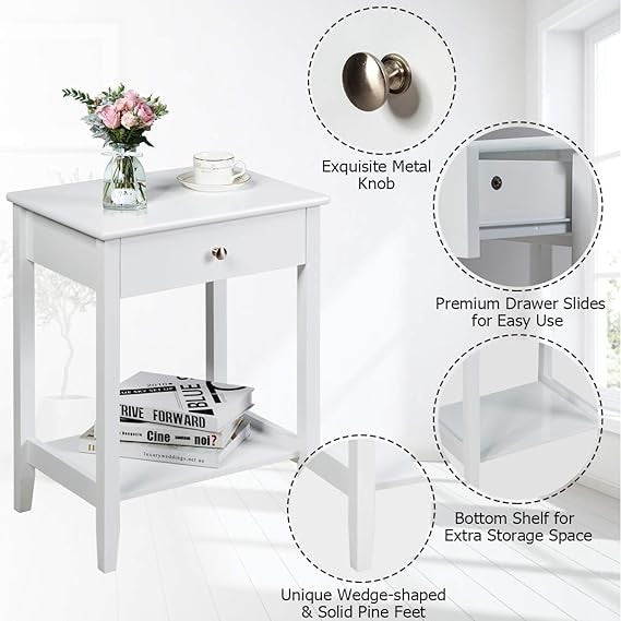 Slim White Bedside Tables Set of 2 – Drawer Storage Shelf Compact Nightstands
