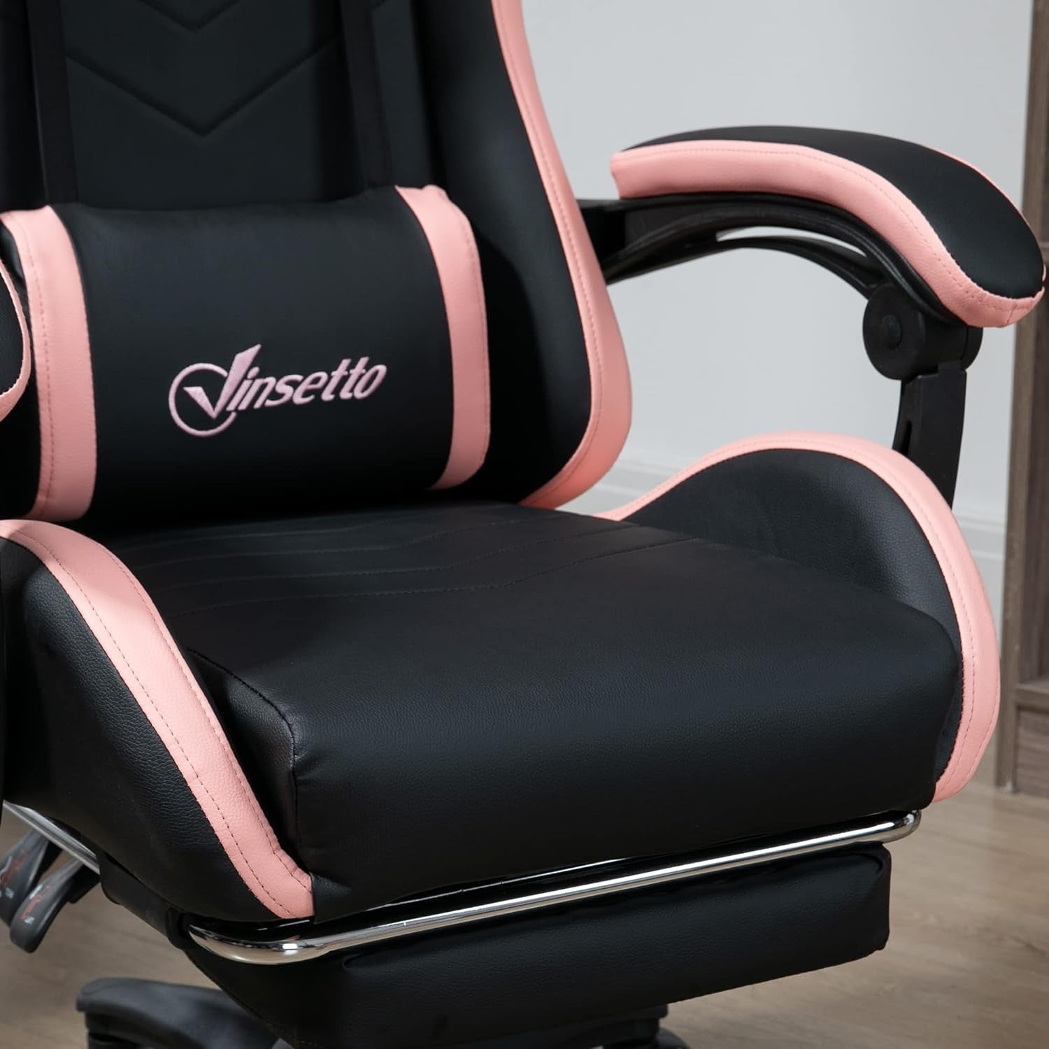 Gaming Chair PU Leather Recliner w/ Footrest 135° Swivel Black Pink