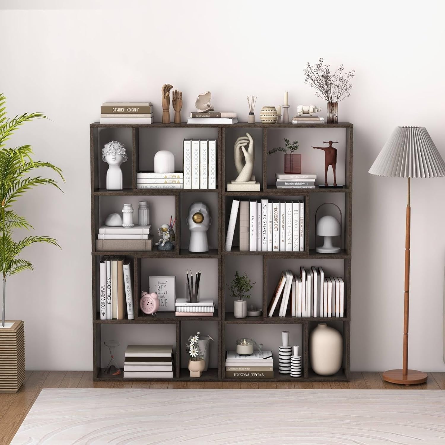 5-Tier Grey Geometric Bookcase Tall Cube Storage Shelf for Living Room Office