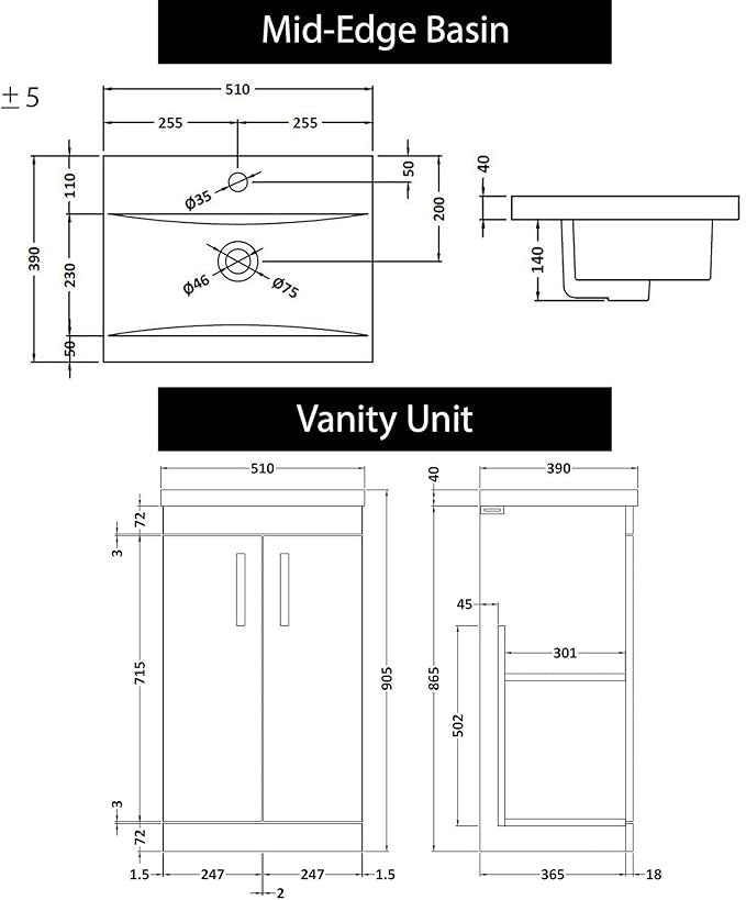 500mm White Bathroom Vanity Unit with Basin Sink 2 Door Floor Standing Storage