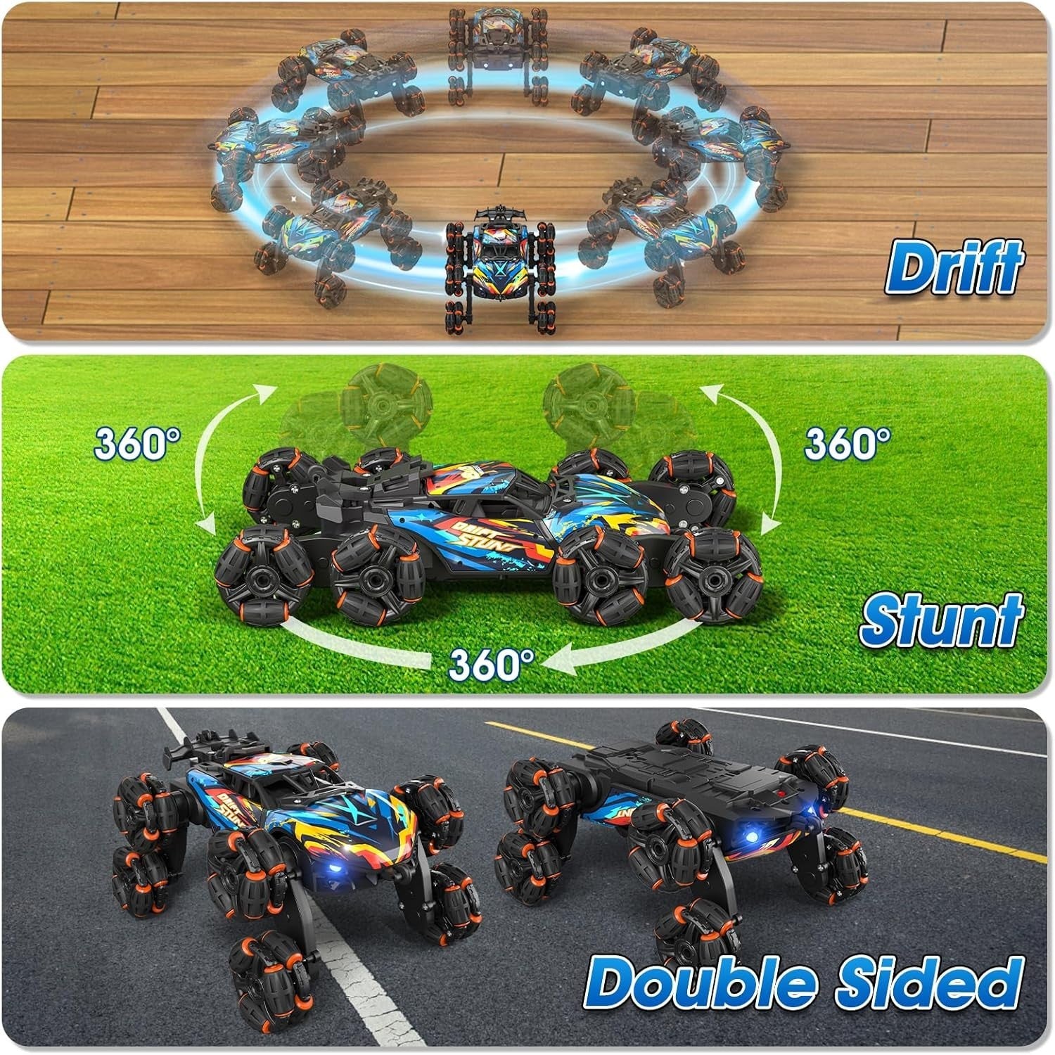8WD RC Stunt Car w/ Gesture Control, LED Lights, Music & Spray, 360° Flip Drift