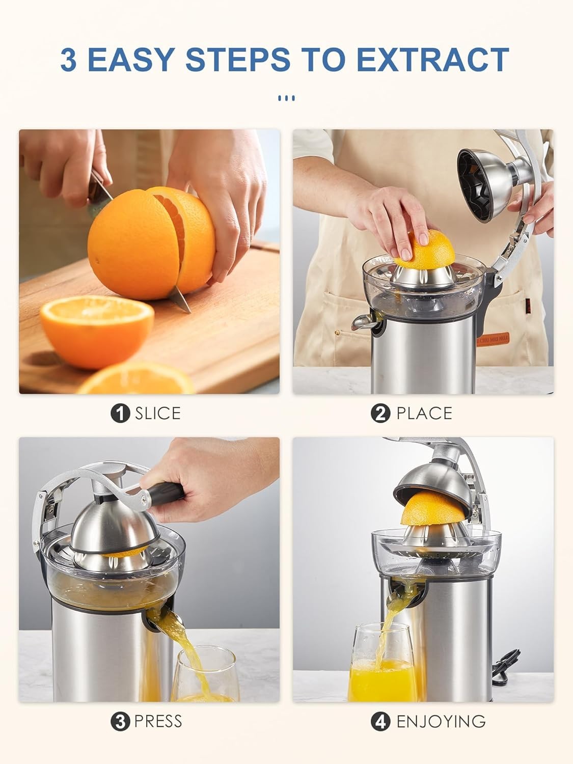 Electric Citrus Juicer Stainless Steel Anti Drip 2 Cones Easy Clean