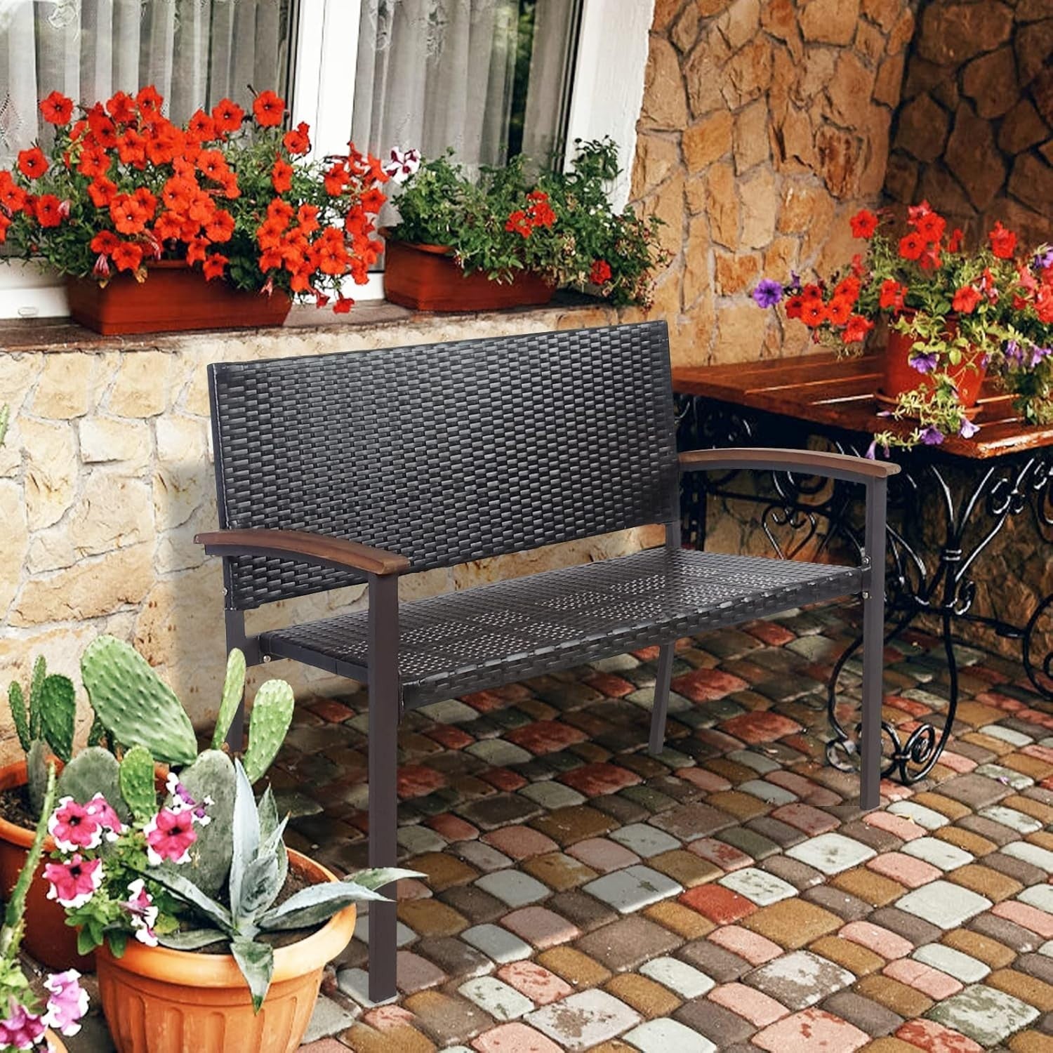 2 Seater Outdoor Rattan Garden Bench with Wood Armrests Patio Seating