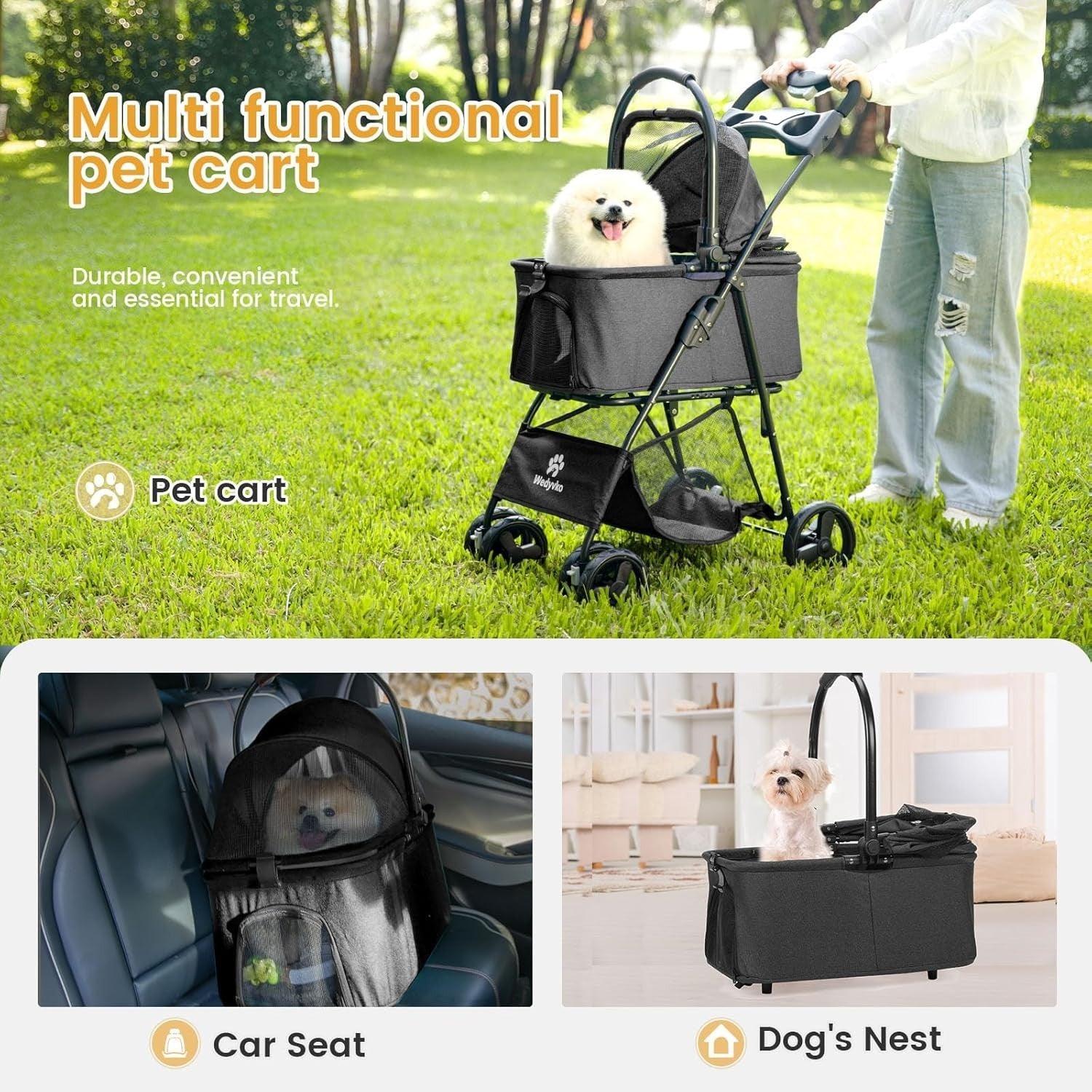 3in1 Dog Stroller Foldable Pet Buggy Detachable Carrier 15kg