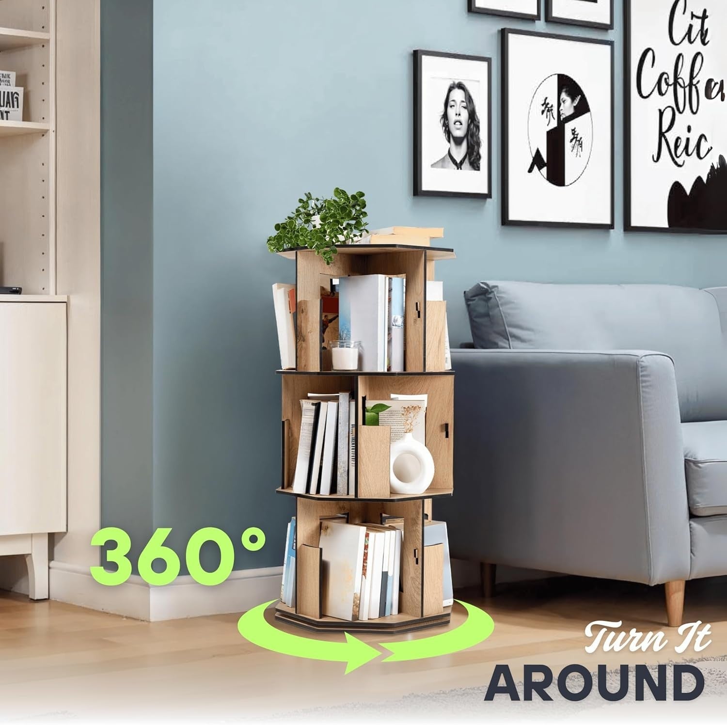 3 Tier Rotating Kids Bookshelf Oak Corner Shelf Space-Saving Storage Organizer
