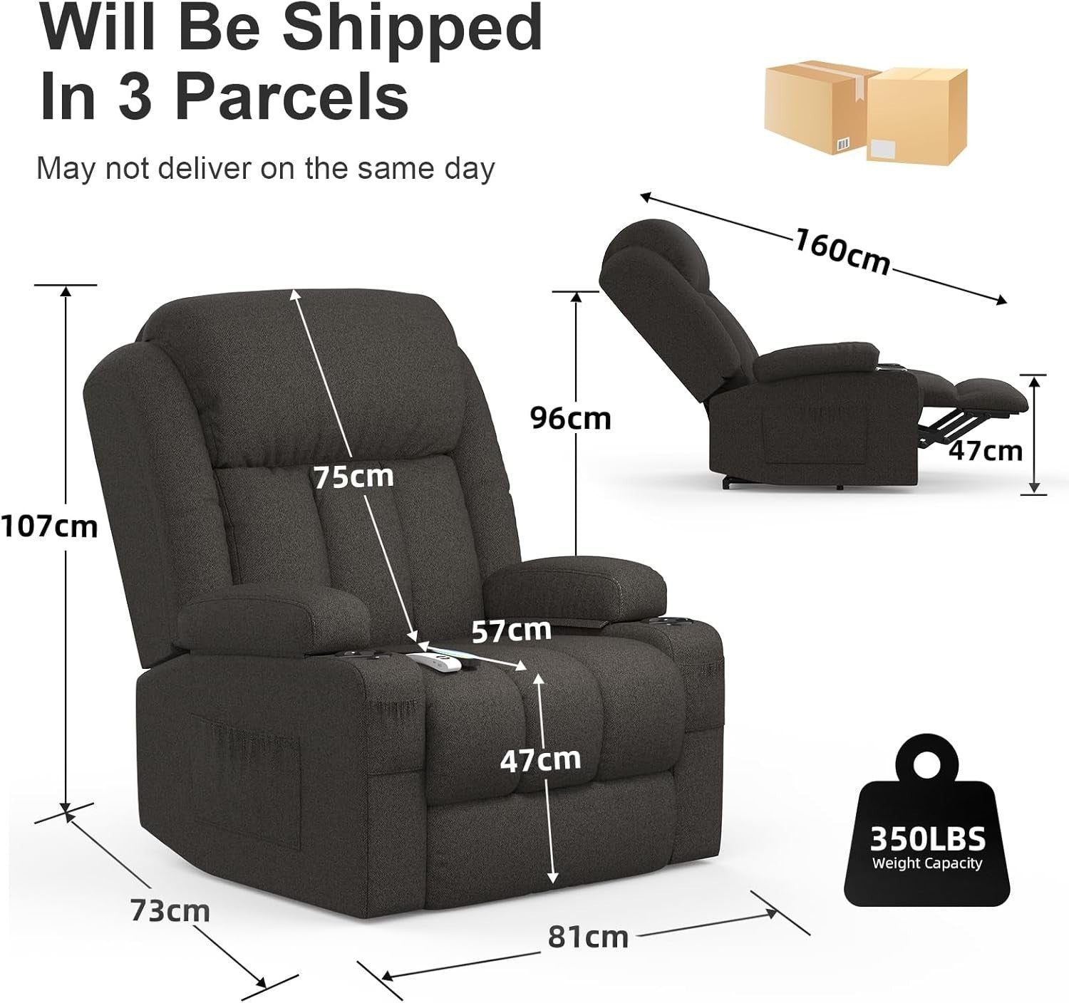 Power Lift Recliner Chair Massage Heat USB Ports Cup Holders Fabric Dark Grey