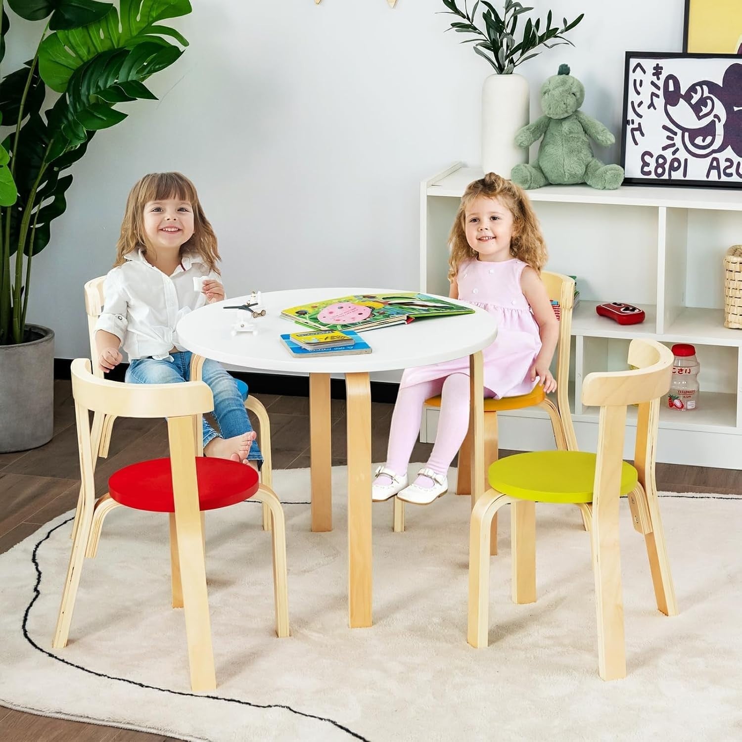 Kids Table and Chairs Set 5pc Wooden Round Playroom Furniture with 4 Stackable C