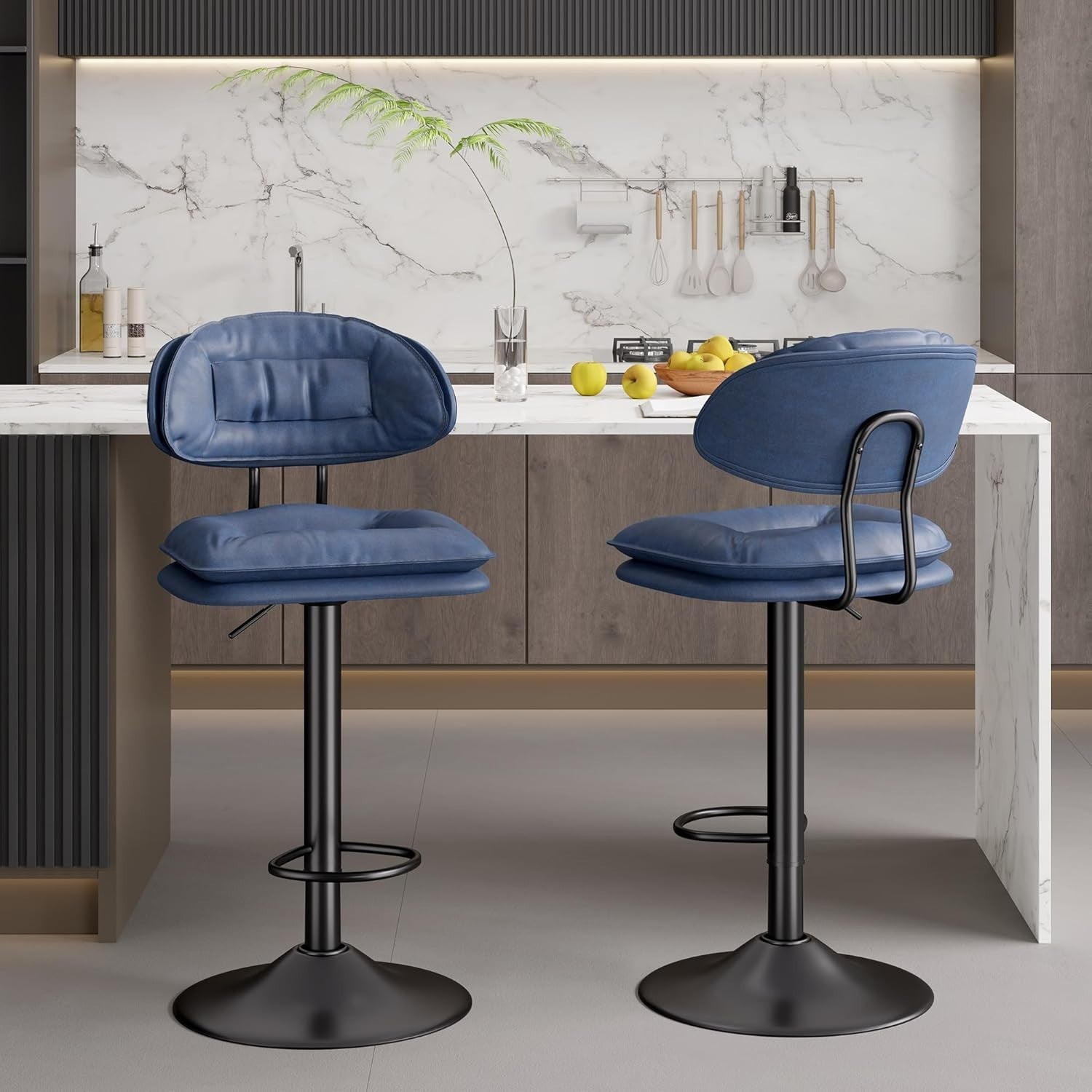 Adjustable Swivel Bar Stools Set of 2 | Blue Faux Leather Counter Height