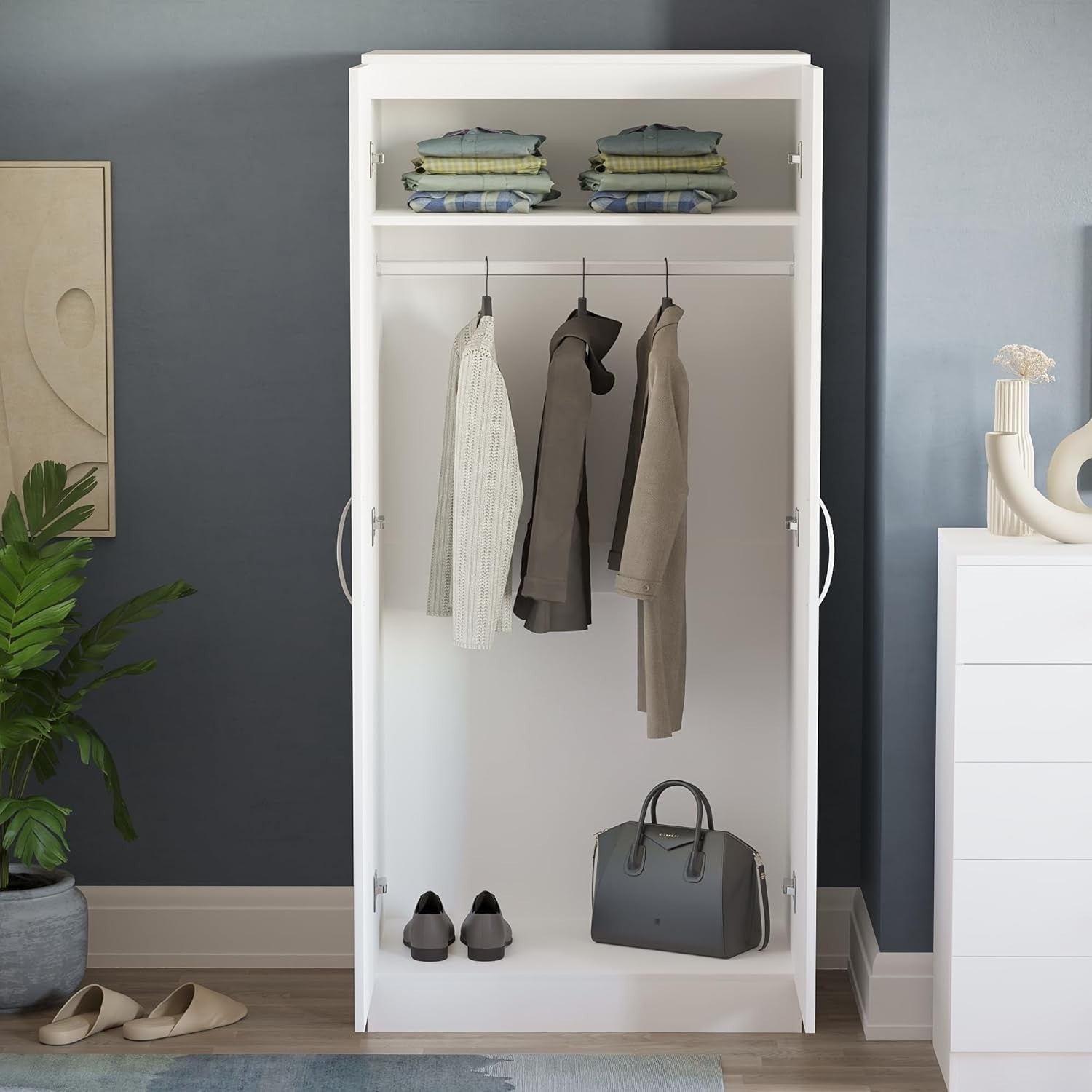 2 Door White Wardrobe High Gloss Finish Compact Clothes Storage Cabinet