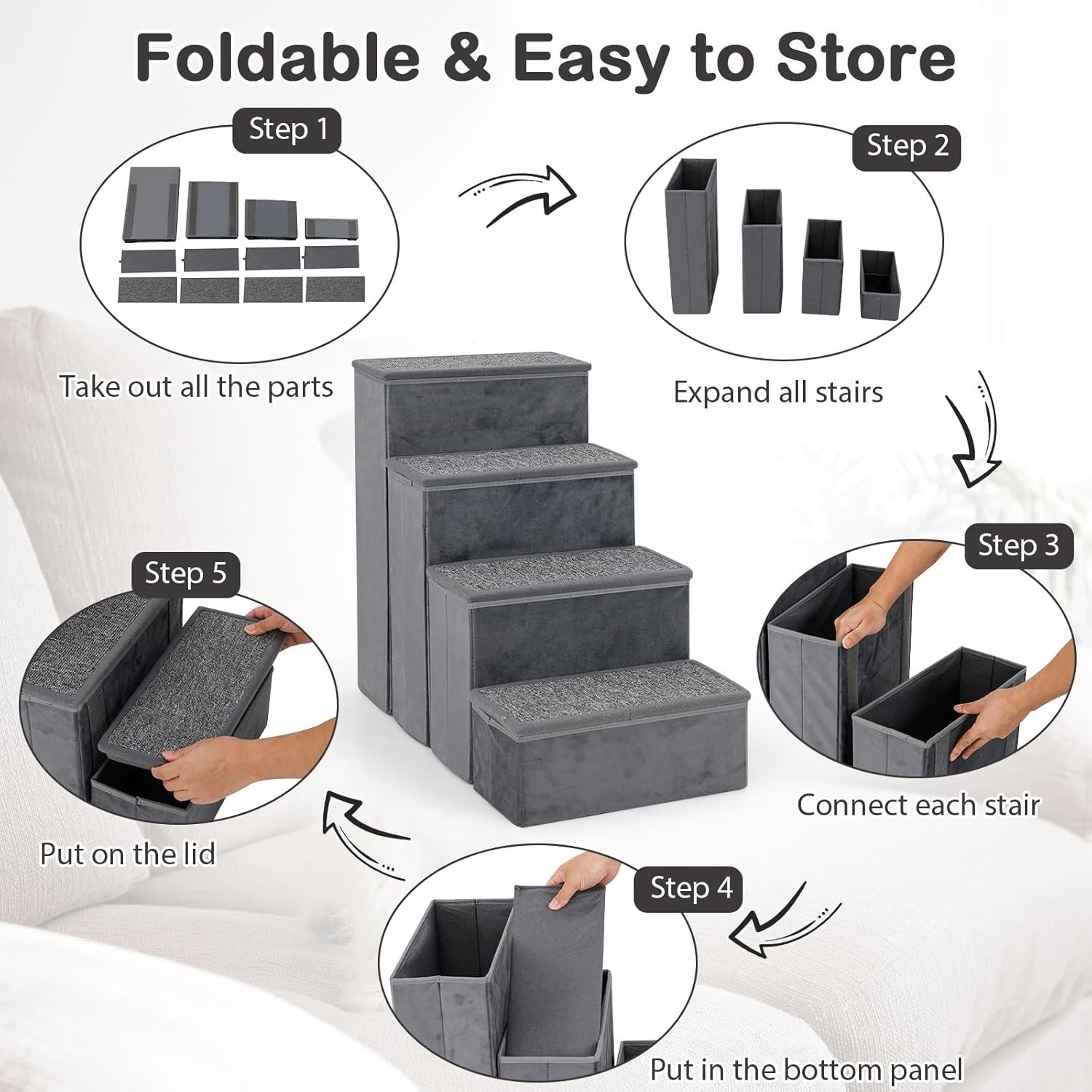 4-Step Non-Slip Dog Stairs with Storage – Grey 58 cm H
